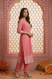 Pink Ethnic Motifs Straight Kurta with Palazzo and Dupatta Set