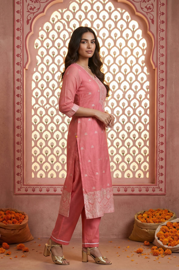 Pink Ethnic Motifs Straight Kurta with Palazzo and Dupatta Set