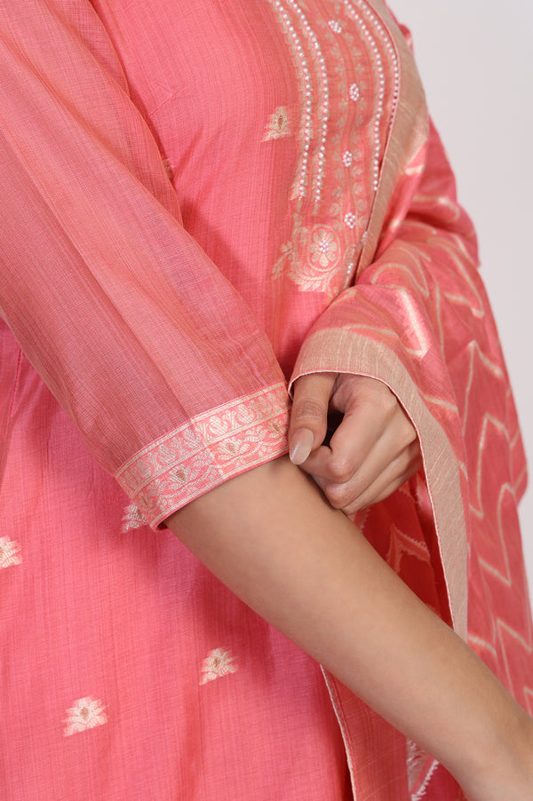 Pink Ethnic Motifs Straight Kurta with Palazzo and Dupatta Set