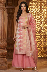 Pink Floral Printed Zari Work A-Line Kurta with Palazzo and Dupatta Set