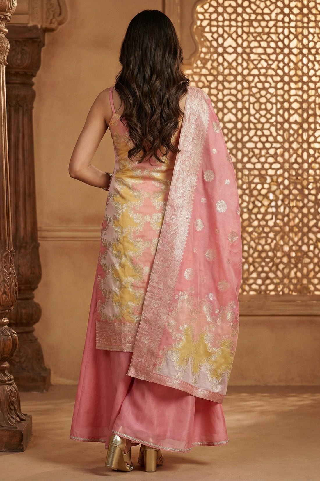 Pink Floral Printed Zari Work A-Line Kurta with Palazzo and Dupatta Set