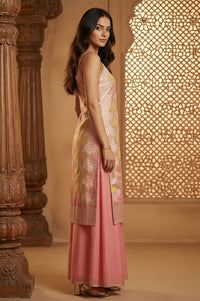 Pink Floral Printed Zari Work A-Line Kurta with Palazzo and Dupatta Set