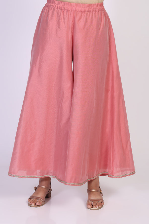 Pink Floral Printed Zari Work A-Line Kurta with Palazzo and Dupatta Set