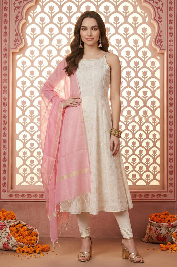 Off-White Gold-Toned Chanderi A-Line Noodle Straps Kurta and Leggings Set with Pink Dupatta
