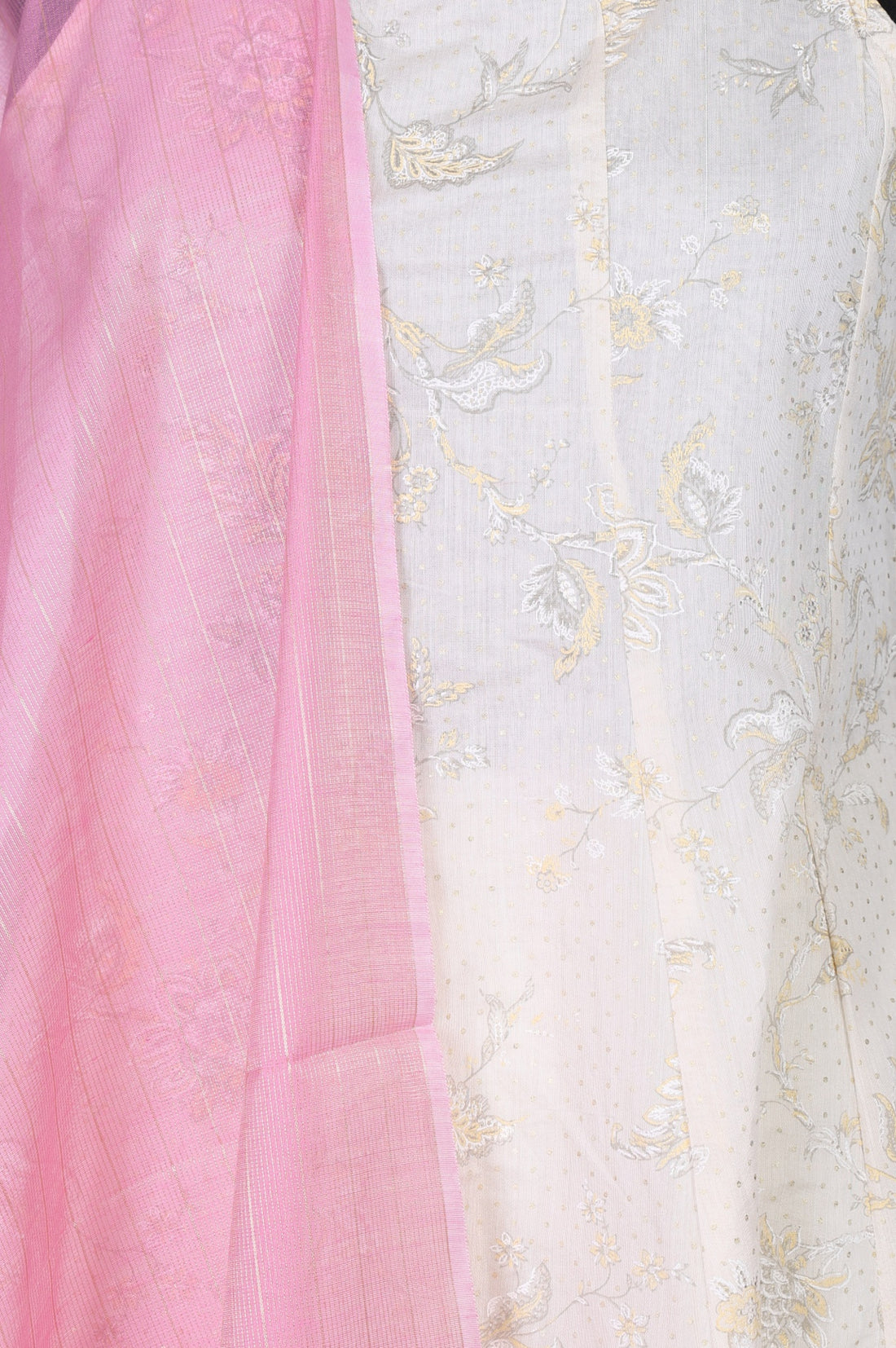 Off-White Gold-Toned Chanderi A-Line Noodle Straps Kurta and Leggings Set with Pink Dupatta