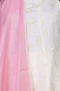 Off-White Gold-Toned Chanderi A-Line Noodle Straps Kurta and Leggings Set with Pink Dupatta