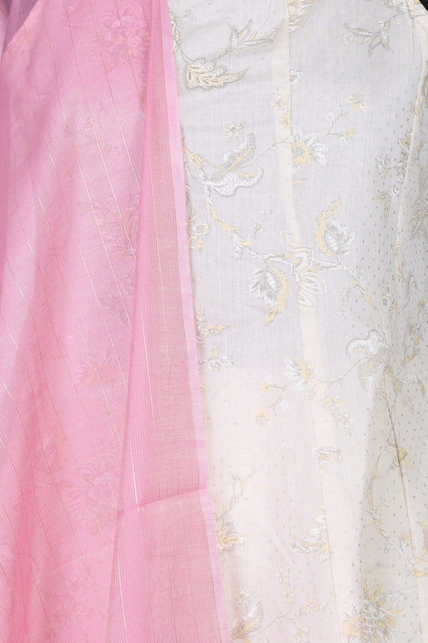 Off-White Gold-Toned Chanderi A-Line Noodle Straps Kurta and Leggings Set with Pink Dupatta