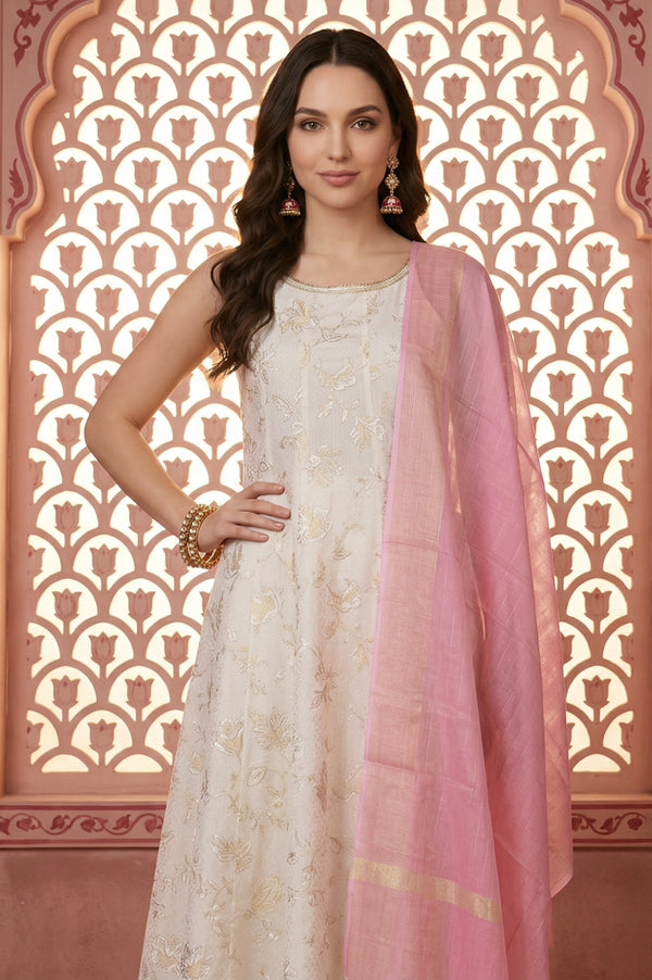 Off-White Gold-Toned Chanderi A-Line Noodle Straps Kurta and Leggings Set with Pink Dupatta