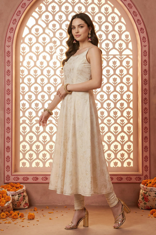 Off-White Gold-Toned Chanderi A-Line Noodle Straps Kurta and Leggings Set with Pink Dupatta