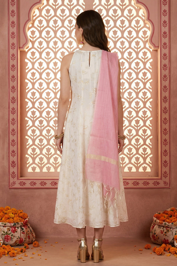 Off-White Gold-Toned Chanderi A-Line Noodle Straps Kurta and Leggings Set with Pink Dupatta