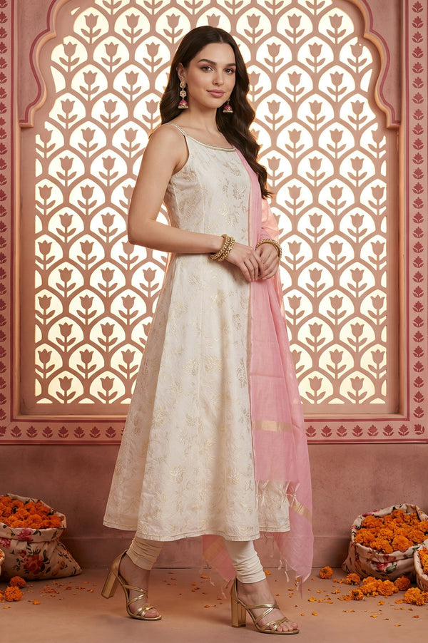 Off-White Gold-Toned Chanderi A-Line Noodle Straps Kurta and Leggings Set with Pink Dupatta