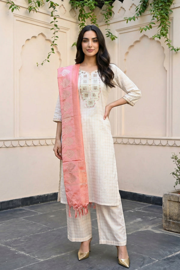 Off White Embroidered Cotton Blend Straight Kurta with Palazzo and Dupatta Set
