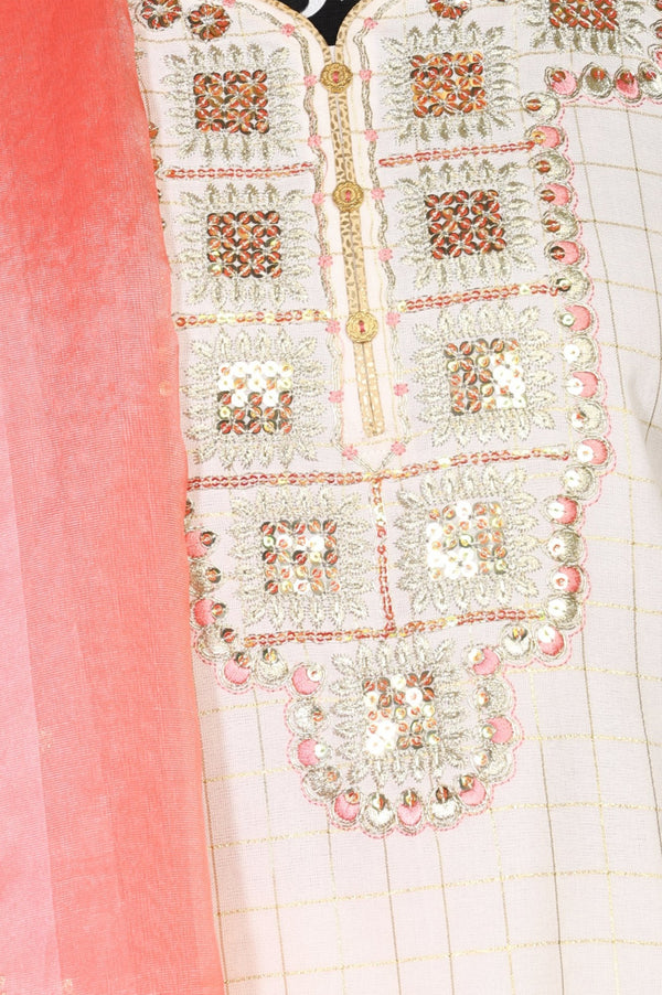 Off White Embroidered Cotton Blend Straight Kurta with Palazzo and Dupatta Set
