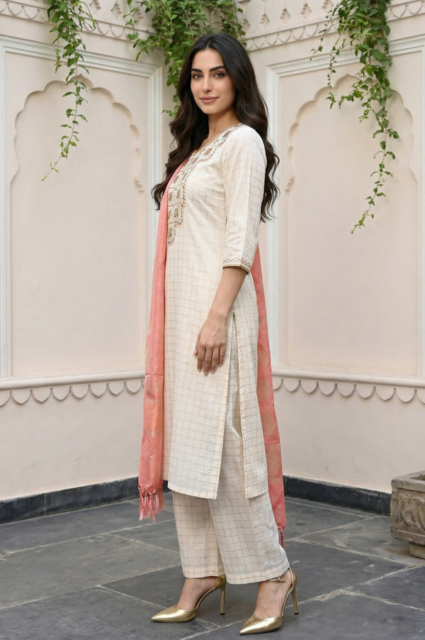 Off White Embroidered Cotton Blend Straight Kurta with Palazzo and Dupatta Set