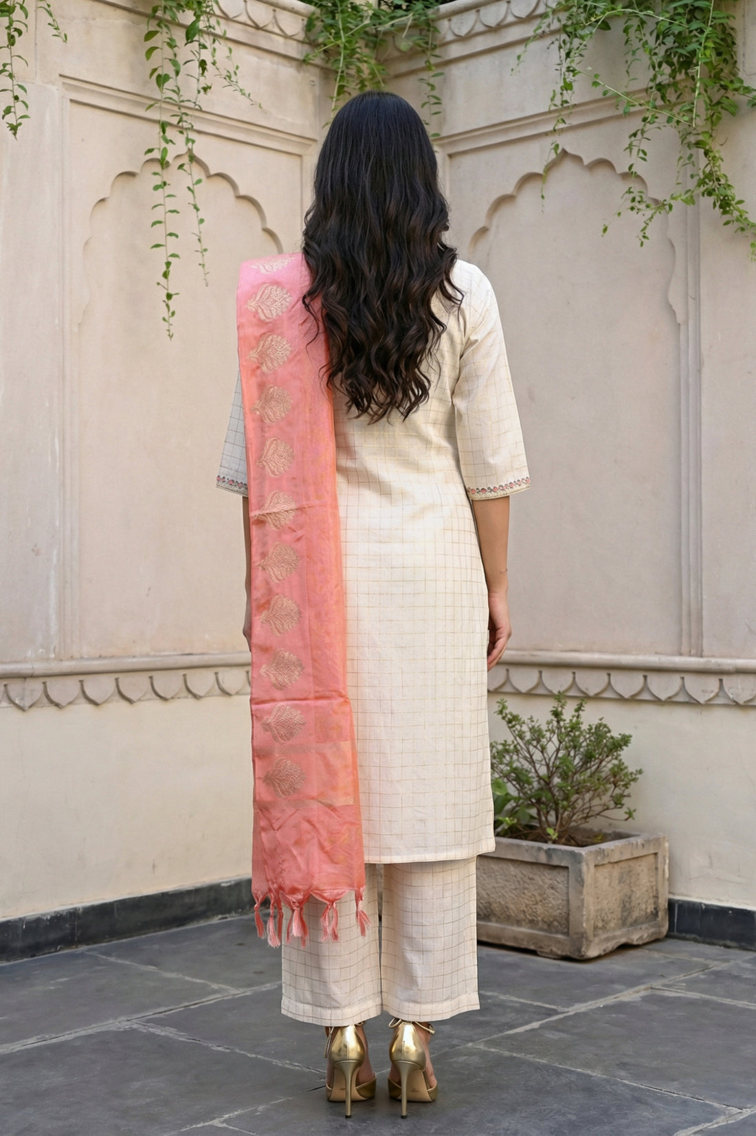 Off White Embroidered Cotton Blend Straight Kurta with Palazzo and Dupatta Set