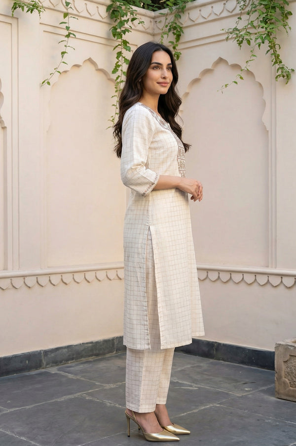 Off White Embroidered Cotton Blend Straight Kurta with Palazzo and Dupatta Set