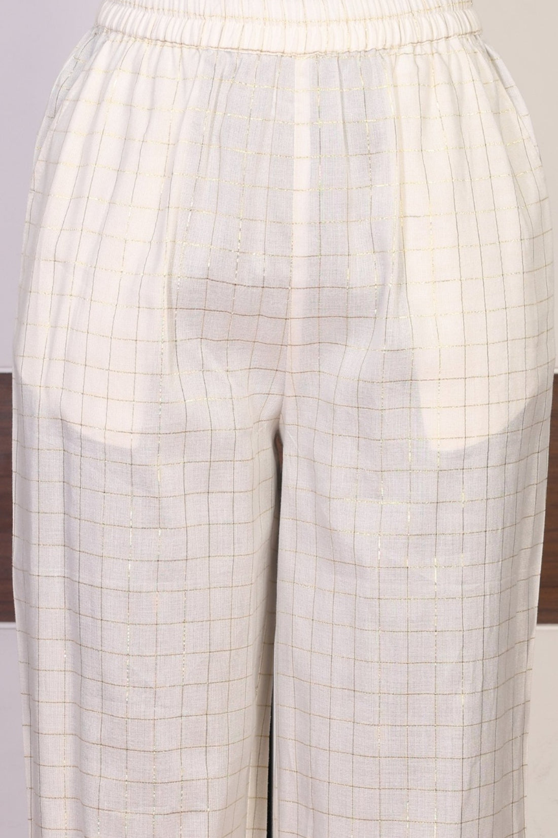 Off White Embroidered Cotton Blend Straight Kurta with Palazzo and Dupatta Set