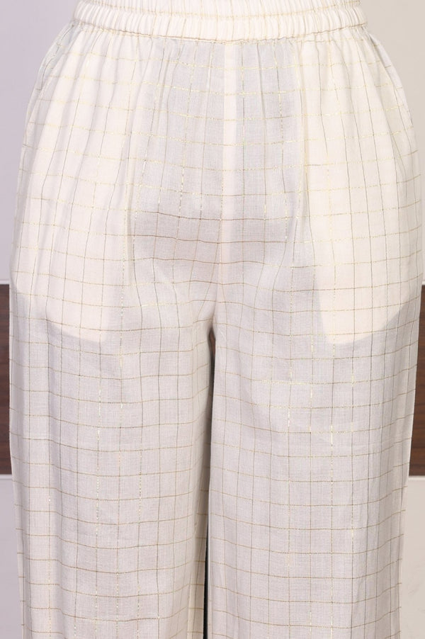 Off White Embroidered Cotton Blend Straight Kurta with Palazzo and Dupatta Set