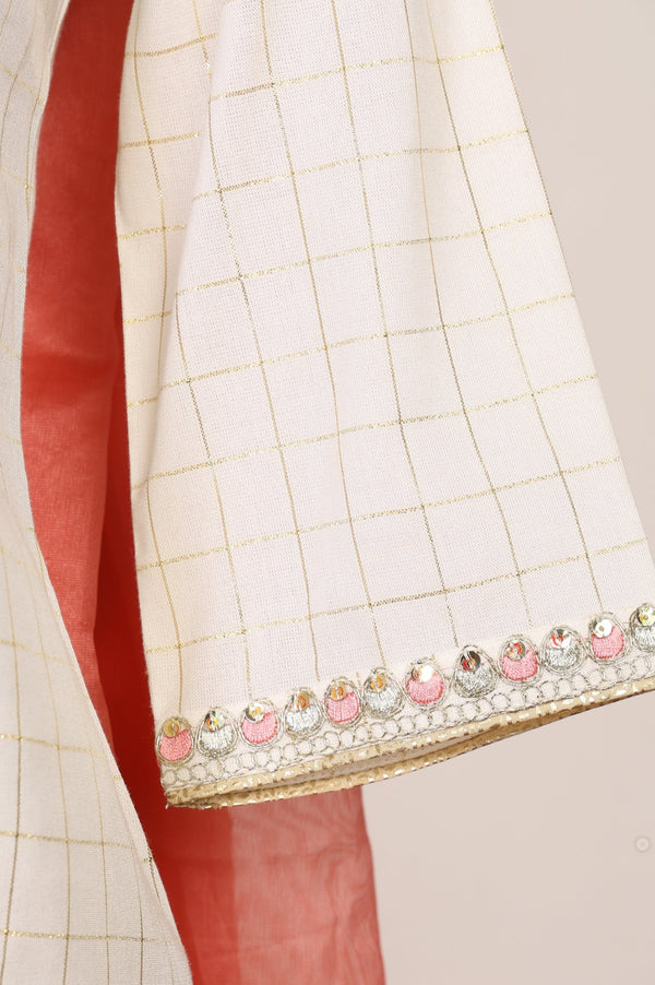 Off White Embroidered Cotton Blend Straight Kurta with Palazzo and Dupatta Set