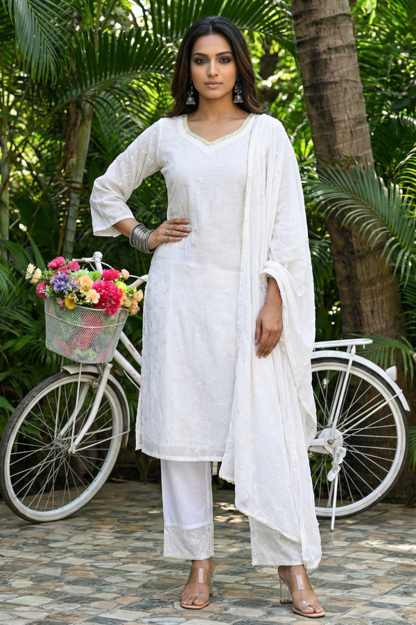 White Thread Embroidered Organza Straight Kurta with Palazzo and Dupatta Set