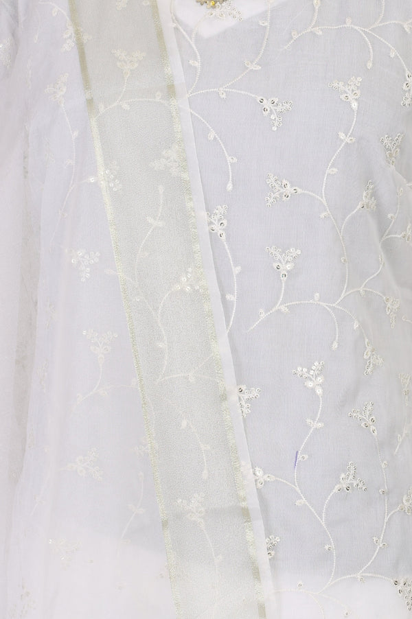 White Thread Embroidered Organza Straight Kurta with Palazzo and Dupatta Set