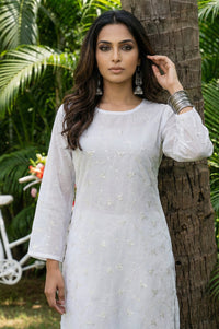 White Thread Embroidered Organza Straight Kurta with Palazzo and Dupatta Set