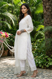 White Thread Embroidered Organza Straight Kurta with Palazzo and Dupatta Set