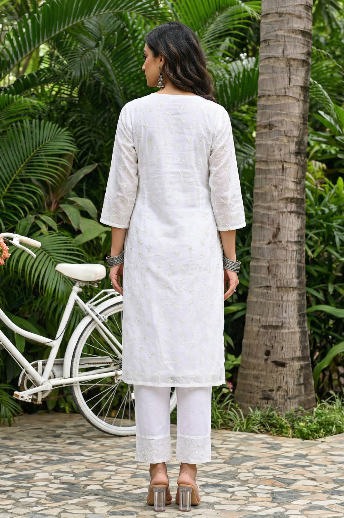 White Thread Embroidered Organza Straight Kurta with Palazzo and Dupatta Set