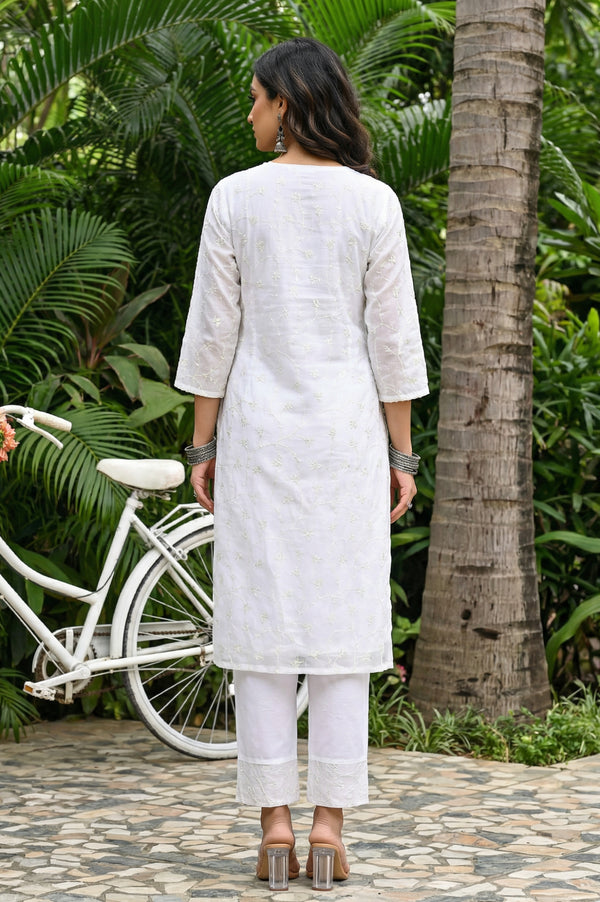 White Thread Embroidered Organza Straight Kurta with Palazzo and Dupatta Set