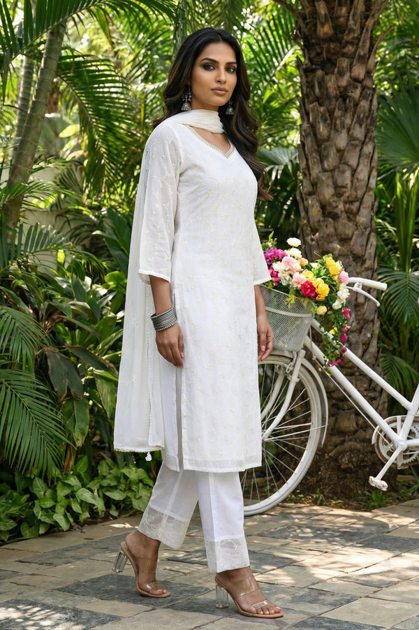 White Thread Embroidered Organza Straight Kurta with Palazzo and Dupatta Set