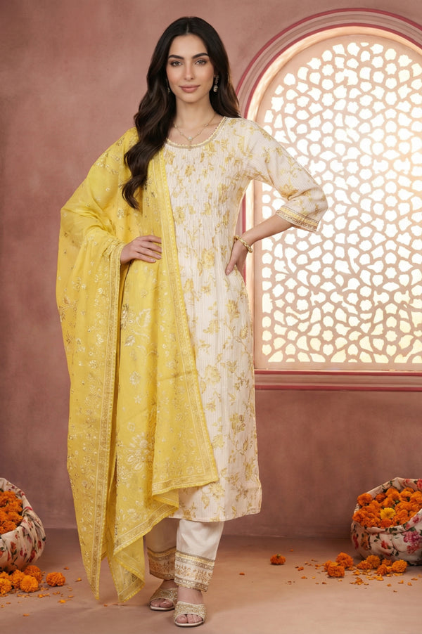 Cream Floral Printed Sequins Straight Kurta with Salwar and Dupatta Set