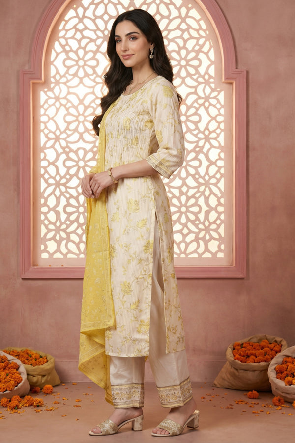 Cream Floral Printed Sequins Straight Kurta with Salwar and Dupatta Set