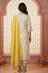Cream Floral Printed Sequins Straight Kurta with Salwar and Dupatta Set