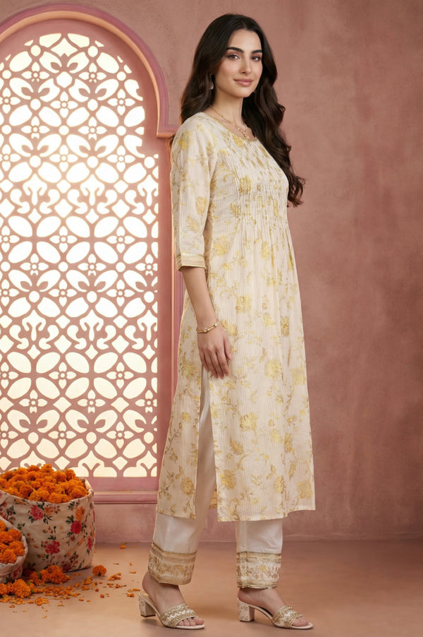 Cream Floral Printed Sequins Straight Kurta with Salwar and Dupatta Set