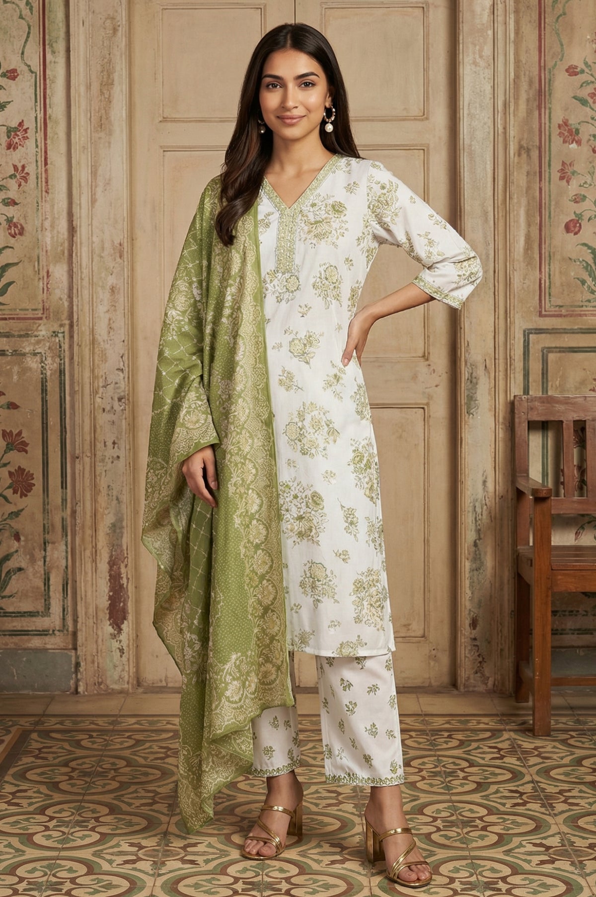 Off White Embroidered Floral Printed Rayon Straight Kurta with Salwar and Dupatta Set - S