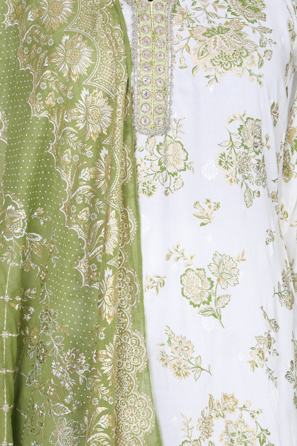Off White Embroidered Floral Printed Rayon Straight Kurta with Salwar and Dupatta Set