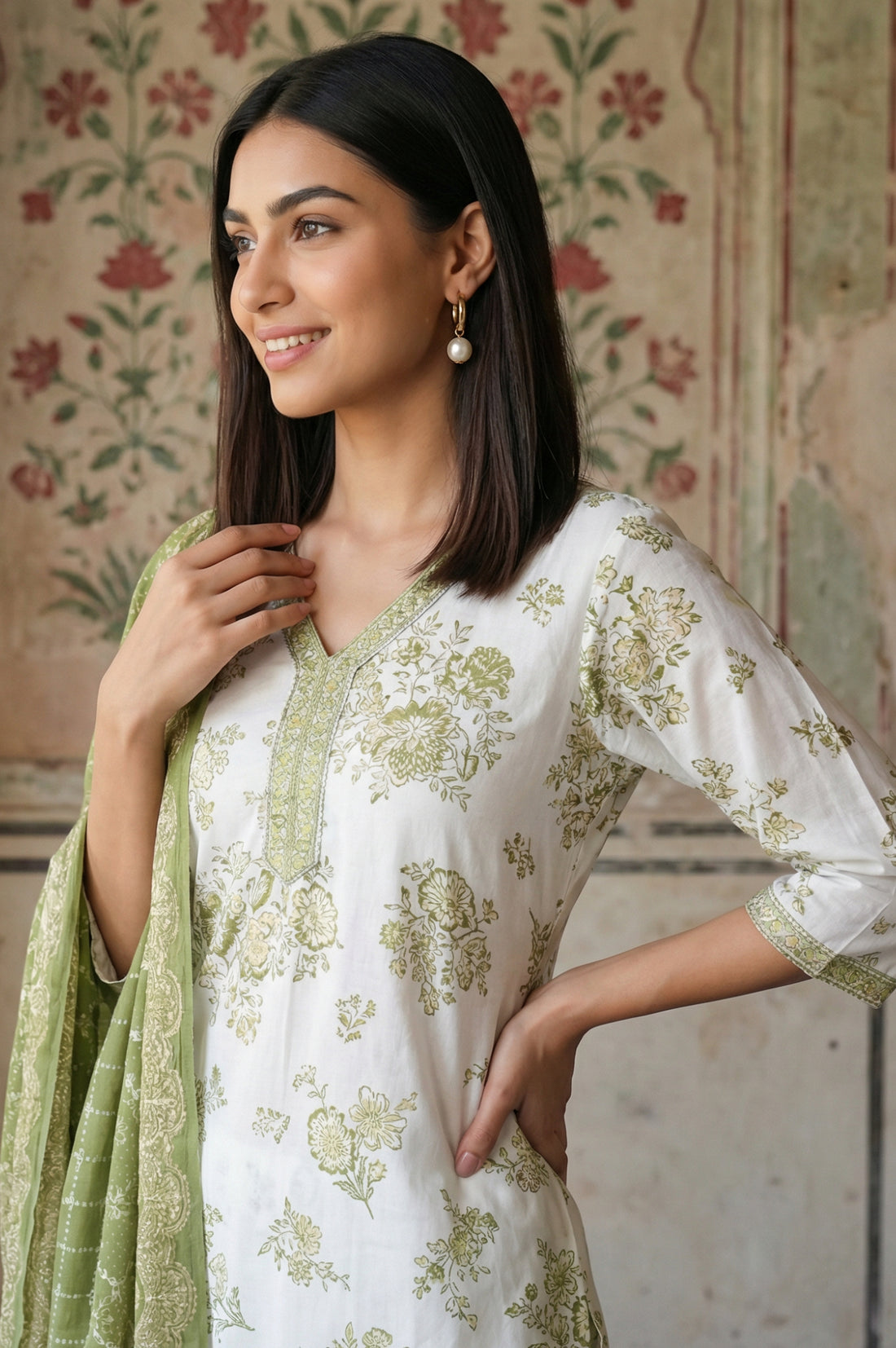 Off White Embroidered Floral Printed Rayon Straight Kurta with Salwar and Dupatta Set