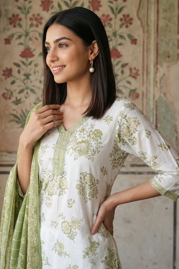 Off White Embroidered Floral Printed Rayon Straight Kurta with Salwar and Dupatta Set