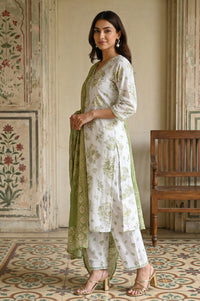 Off White Embroidered Floral Printed Rayon Straight Kurta with Salwar and Dupatta Set