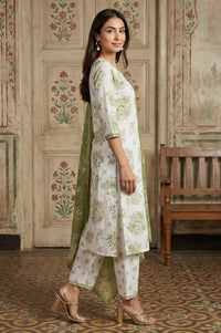 Off White Embroidered Floral Printed Rayon Straight Kurta with Salwar and Dupatta Set