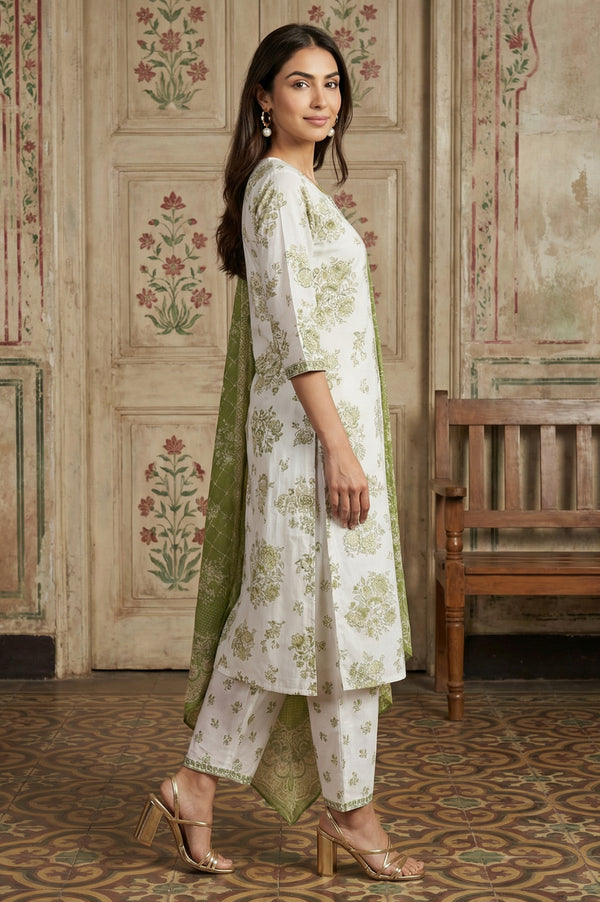 Off White Embroidered Floral Printed Rayon Straight Kurta with Salwar and Dupatta Set