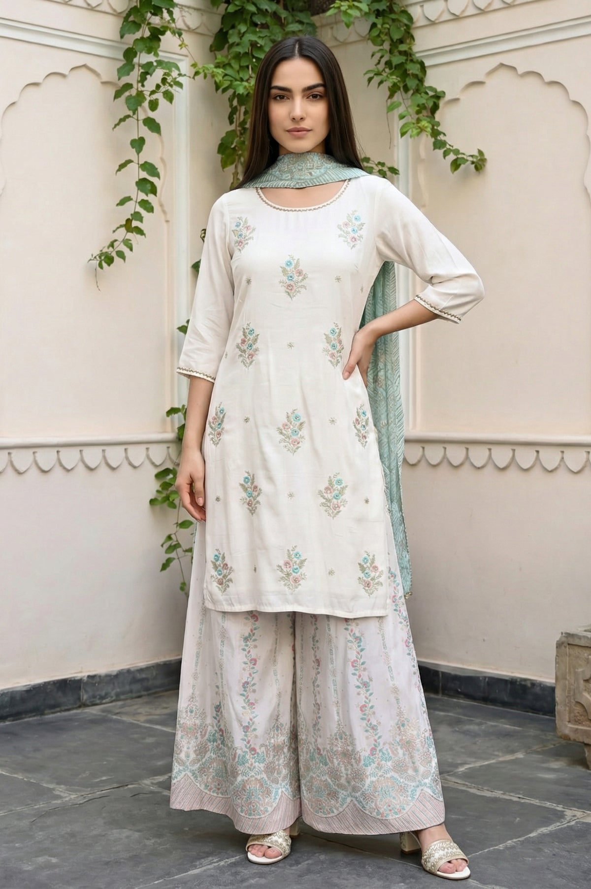 Off White Embroidered Straight Kurta with Palazzo and Dupatta Set - XS