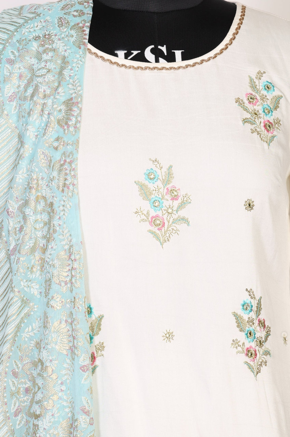Off White Embroidered Straight Kurta with Palazzo and Dupatta Set