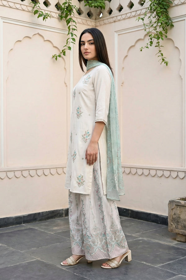 Off White Embroidered Straight Kurta with Palazzo and Dupatta Set