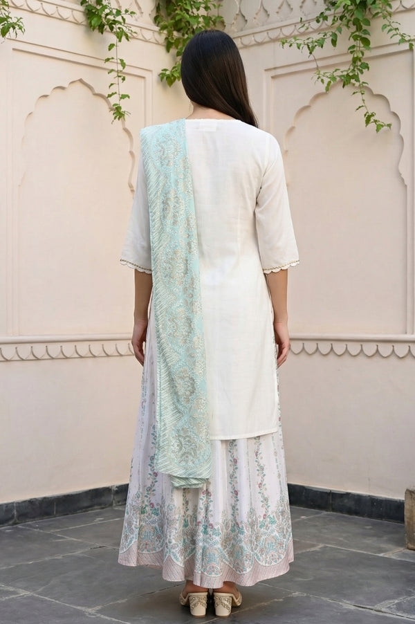 Off White Embroidered Straight Kurta with Palazzo and Dupatta Set