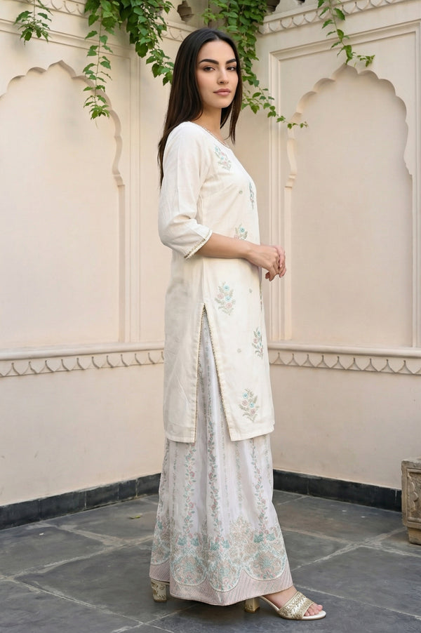 Off White Embroidered Straight Kurta with Palazzo and Dupatta Set