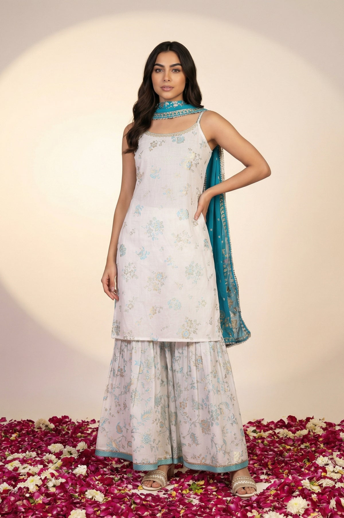 White Floral Printed Foil Print Straight Kurta with Sharara and Dupatta Set - XS