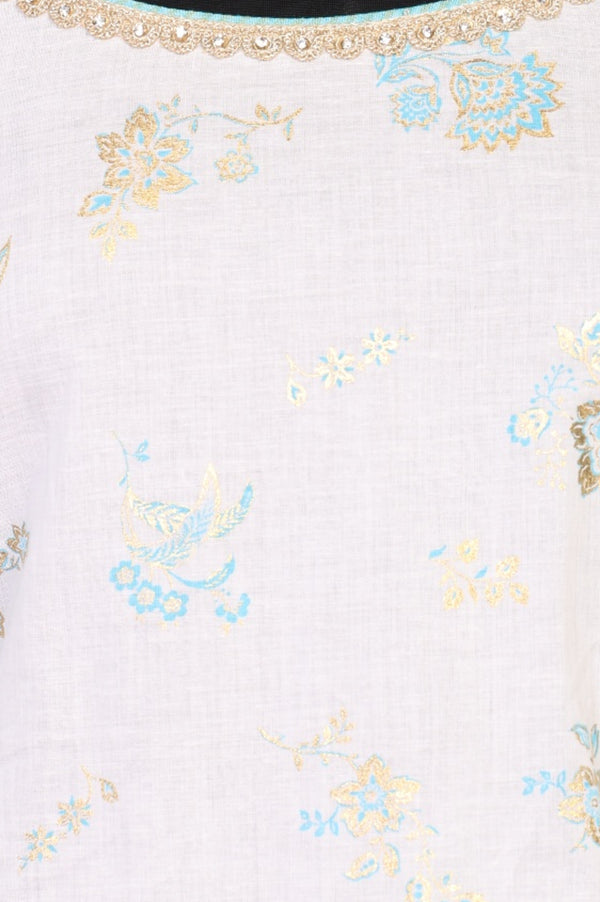 White Floral Printed Foil Print Straight Kurta with Sharara and Dupatta Set