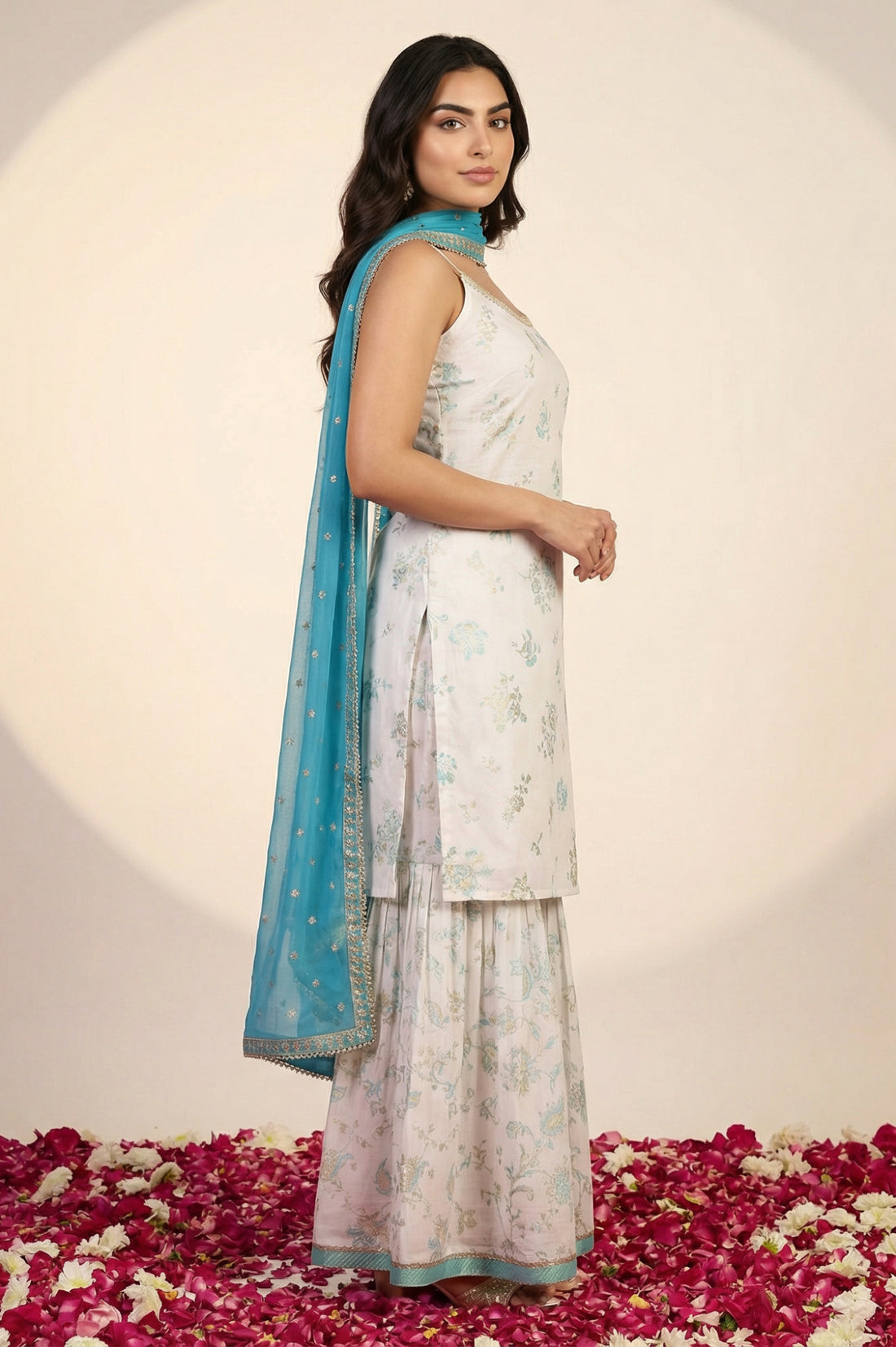 White Floral Printed Foil Print Straight Kurta with Sharara and Dupatta Set