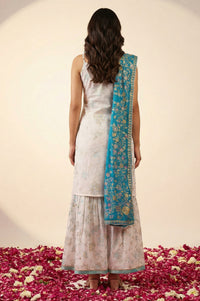White Floral Printed Foil Print Straight Kurta with Sharara and Dupatta Set